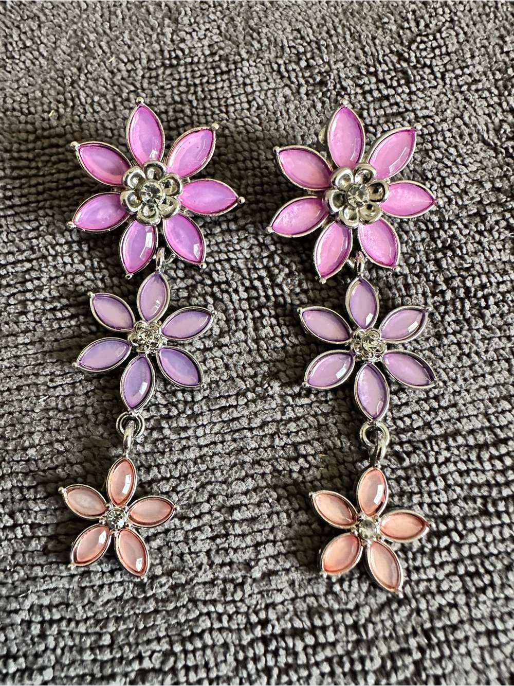 Floral Triple-Drop Pink & Purple Dangle Earrings - Women Jewelry